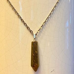 Necklace ~ Pendant ~ Dark Brown ~ Stone Hexagon Shape ~ Long Silver Chain